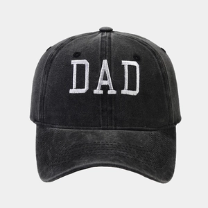 Vintage black washed cotton baseball cap with white DAD embroidery and curved brim