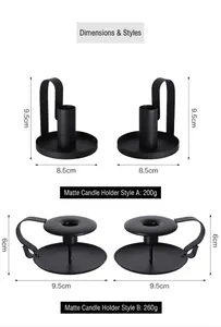Size chart showing height and base diameter for matte black iron candle holders