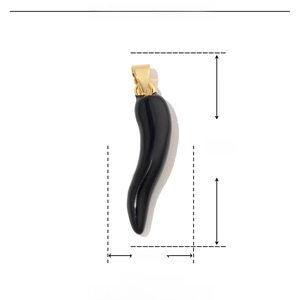Macro view of black enamel chili pendant with gold-plated loop, 33mm by 7mm size