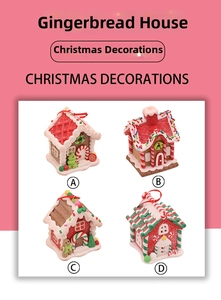 Detailed view of four polymer clay Christmas house figurines with festive candy details