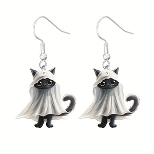 Detailed view of Halloween earrings featuring cute black cats in white ghost capes