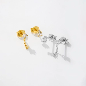 S925 sterling silver stud earrings with zircon dangles in gold and silver finish