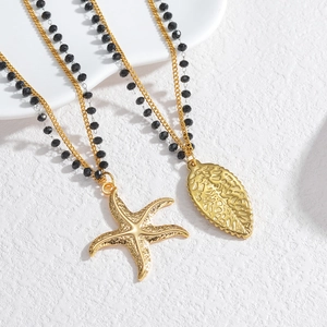 Minimalist 18k gold stainless steel starfish and leaf necklaces with black beads