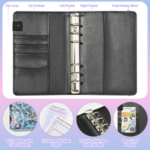 Detail view of A6 PU leather budget binder with stainless steel 6-ring clips and card slots