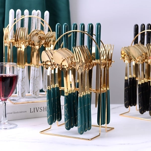 Luxury 24-piece marble pattern stainless steel cutlery set with storage stand in gold finish