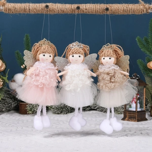 Plush Angel Girl Pendant With Glitter Wings Crown Ponytail Tulle Skirt Handmade Christmas Tree Decor Hanging Ornament