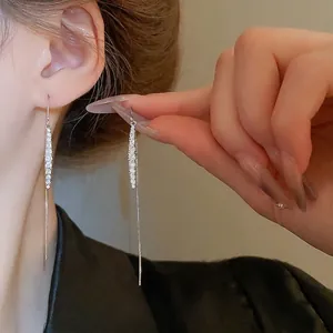 Waterdrop Zircon Long Tassel Threader Earrings With 925 Sterling Silver Earring Post Copper Elegant Fashionable Jewelry Women