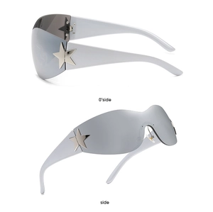 Detail view of Y2K star decoration and silver mirrored lens on frameless sunglasses