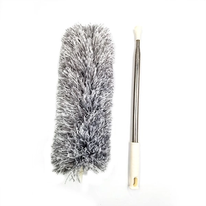Extendable microfiber duster with gray-white head and stainless steel telescopic handle