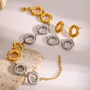 Two-tone gold and silver stainless steel chain bracelet and hoop earrings jewelry set