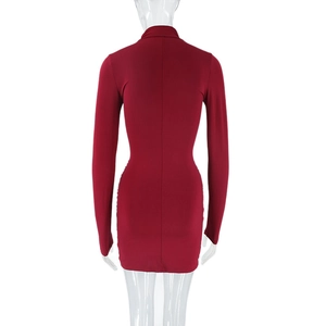 Back view of a red bodycon dress with stand-up collar and slim fit ruching design
