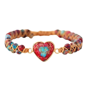 Handmade bohemian imperial stone heart bracelet with colorful beads and woven cord
