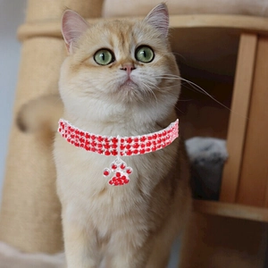 Close-up of three-row red rhinestone pet collar featuring a metal paw print pendant charm