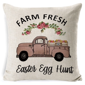 Easter farm fresh pink truck linen throw pillow cover with floral wreath design