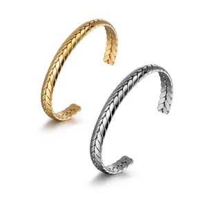 Brazalete Retro Espiga De Trigo Acero Inoxidable Trenzado Texturizado Abierto Joyería Minimalista Para Hombres Mujeres