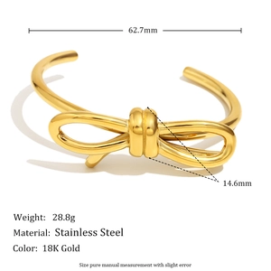 Gold-plated bow knot open cuff bracelet in stainless steel with dimension and weight specs