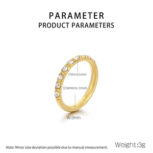 Detail view of 3mm wide 18K gold plated stainless steel ring with row of rhinestones