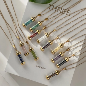 Perfume Bottle Pendant Necklace Stainless Steel Wishing Bottle With Natural Crystal Gravel Fashion Jewelry For Women