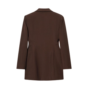 Detailed back view of a dark brown mid-length double-breasted blazer dress on white background