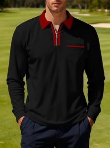 Detail of black polo shirt with red collar zipper and breathable honeycomb texture