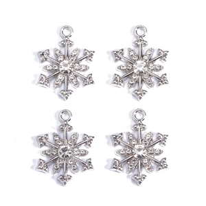 Set of four silver snowflake charms with sparkling rhinestones for DIY jewelry making