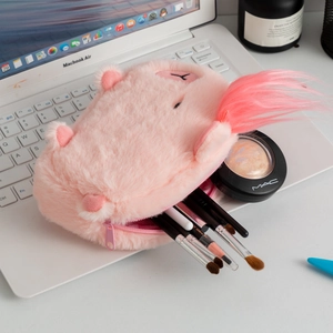 Pink plush capybara animal pencil case with soft faux fur and secure zipper closure