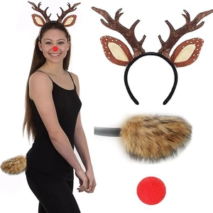 Three-piece Christmas reindeer set with antlers headband, fluffy tail and red sponge nose