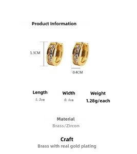 Detailed specs of small gold-plated brass hoop earrings with zircon, size 1.3x0.4cm