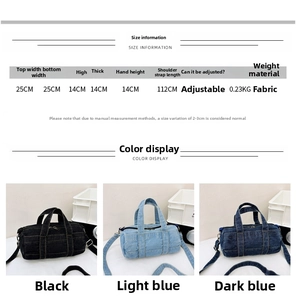 Detailed size chart for kids canvas shoulder bag with specific measurements and strap info