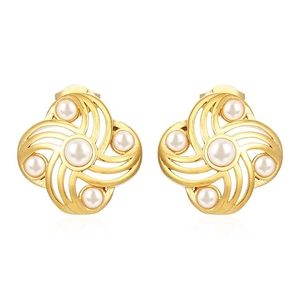 Boucles d'oreilles élégantes en acier doré 18K avec perles blanches en forme de moulin
