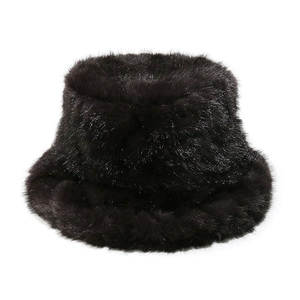 A high-quality close-up showing the soft and dense black faux fur texture of a winter bucket hat.