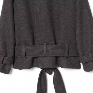 Women's dark grey wool coat with stylish color-block design and belted waist detail