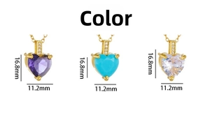 Detailed size dimensions of gold-plated heart pendants in purple, blue and white zircon
