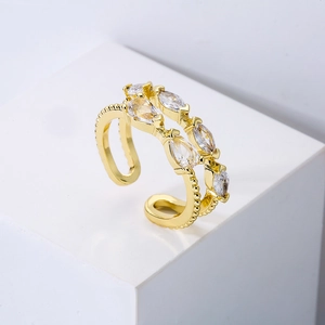 18K gold plated adjustable ring with marquise cut zircon and bead edge design