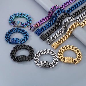 Skull buckle Cuban chain bracelet and necklace set in colorful stainless steel finishes