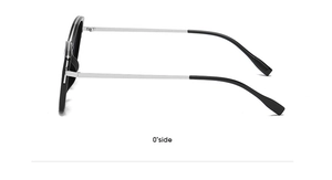 Side view detail of cat eye sunglasses featuring black frames and silver metal temples