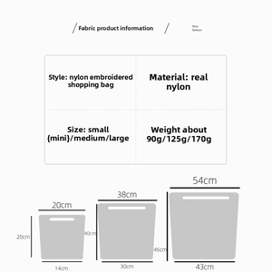 Detailed size chart for nylon zodiac embroidery tote bag in mini, medium, and large sizes