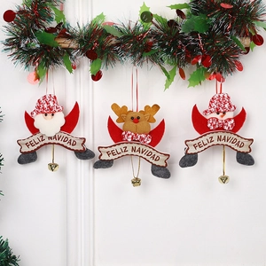 Three felt Christmas ornaments with Santa, reindeer, snowmen and metal bells on wood banners