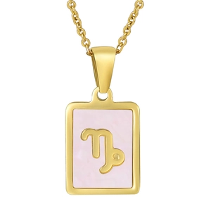 Macro shot of 18K gold stainless steel Virgo zodiac pendant with pink shell inlay