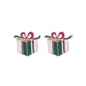 Detail view of Christmas gift box stud earrings with green enamel and red bow accents