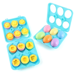 6-piece colorful shape matching egg toy set in a light blue tray for toddler learning