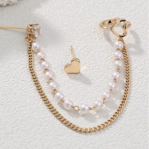 Gold heart pearl tassel earring set with linked ear cuff and dainty stud for women
