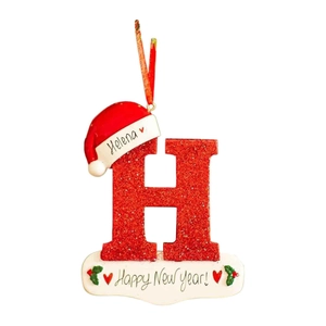 Sparkly red letter H Christmas tree ornament with Santa hat and Helena personalization