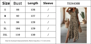 Detailed size chart for the V-neck printed summer maxi dress showing bust and length metrics