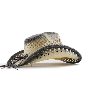 Handwoven straw cowboy hat with beige-charcoal gradient and hollow ventilation