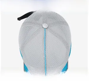 Close-up of grey breathable mesh fabric and adjustable back strap of the baseball cap