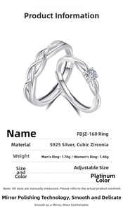 Detailed specs of adjustable S925 silver couple rings with woven and zircon stone designs