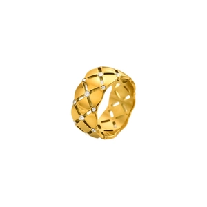 Gold plated wide ring featuring quilted pattern and crystal stones on white background