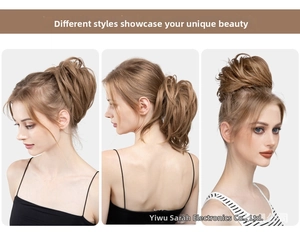Three-way view of light brown messy bun hair piece showing versatile styling and texture