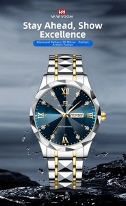 Close-up of diamond-cut crystal glass on blue dial business watch with gold markers
